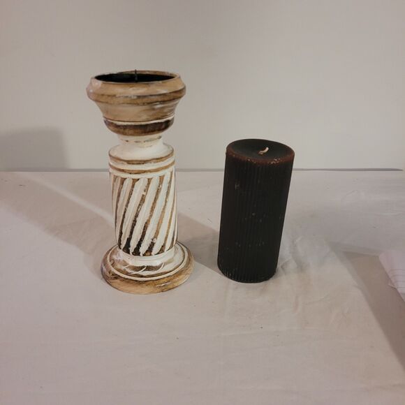 Mango Wood 9.5" Candle Holder With 6" Pillar Ribbed Candle - Picture 5 of 7